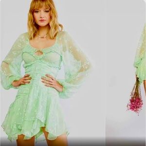 🆕#122-For Love & Lemons Breanne Ruched
Tiered Sheer Puff Sleeve Mini Dress SM